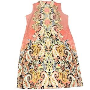 Melissa Paige Peach Paisley Geometric Scuba Stretch Mock Neck Dress Shift Petite